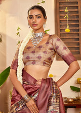 Coffee Brown Tussar Silk Tribal Print Saree-4456